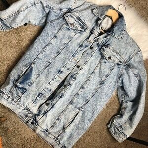 Vintage Acid Wash Denim Jacket Flannel Lined Retro Grunge‎